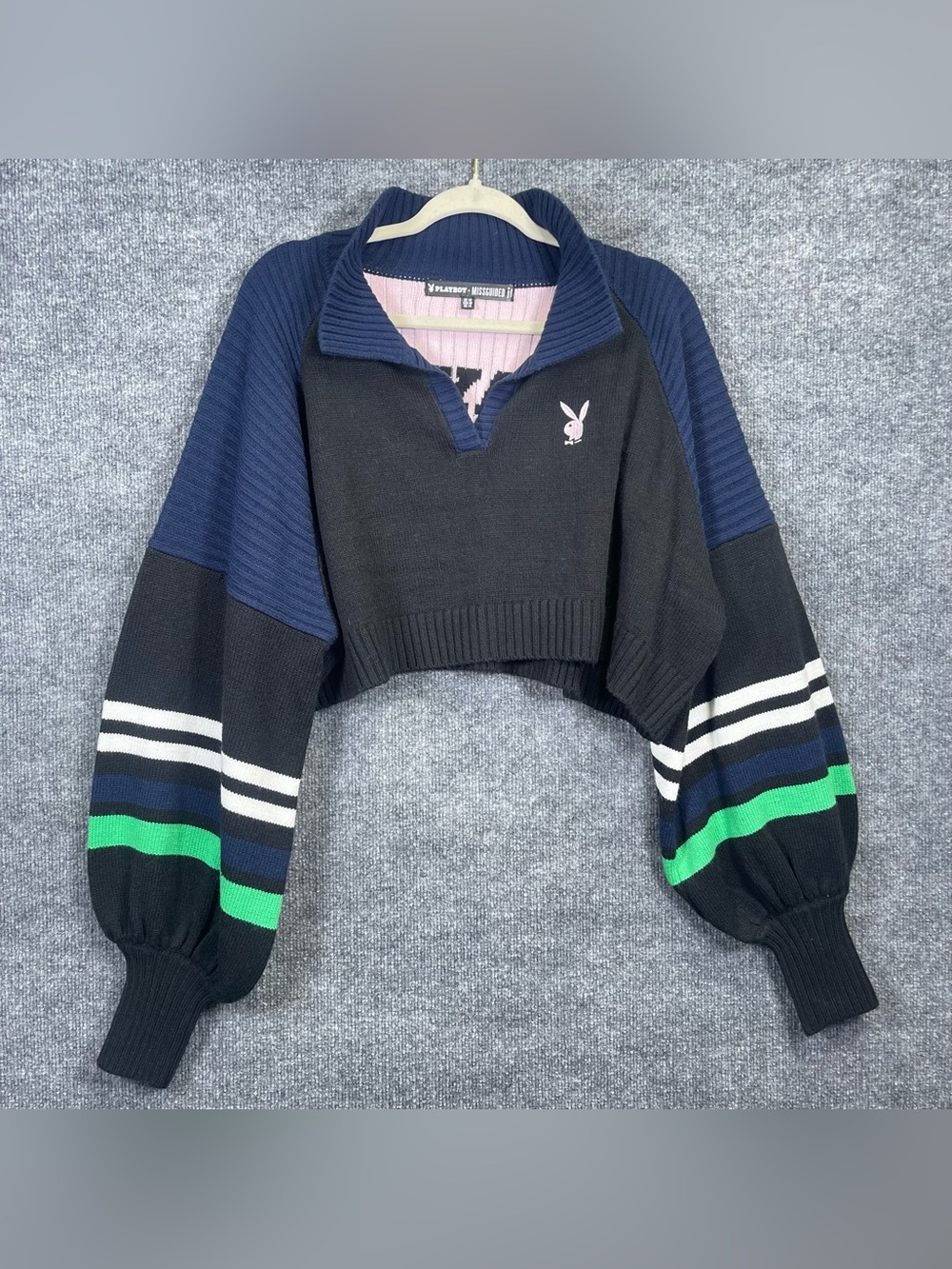 Playboy X Missguided Womens 14 Collar Logo Knit Balloon Sleeve Crop Sweater Y2K
